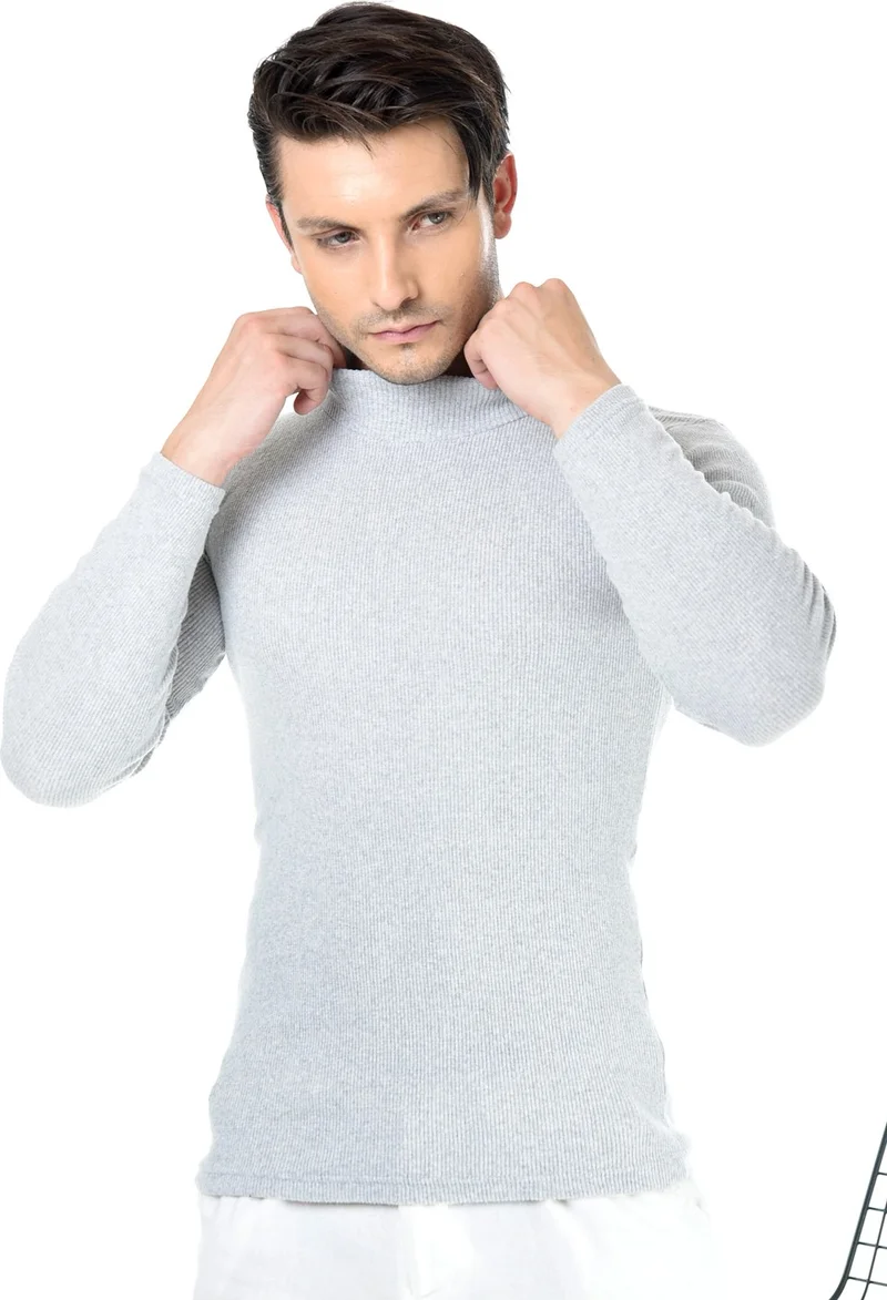 بيليفانتي كولكشن Men's Gray Half Turtleneck Slim Fit Sweater