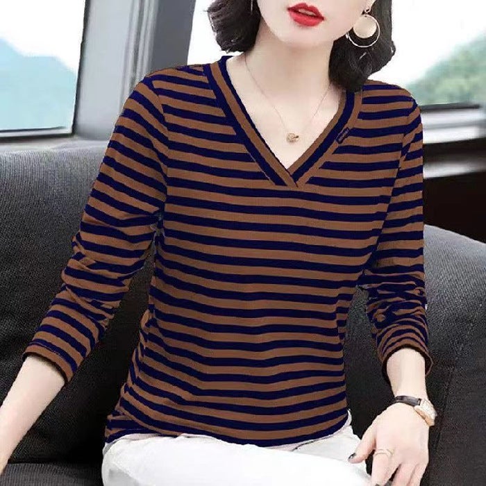 Cross-border Spring New Striped T-shirt Women's Top Korean Loose V-neck Mom Shirt plus size All-match Base Shirt - Image 1