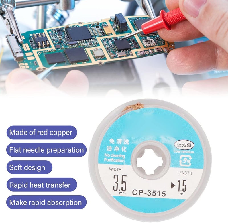 For PCB Repair and Accuracy Instruments - Red Copper Desoldering Wick Braid CP 3015, 1.5m 4.9ft Length, Low No Clean Solder Braid with Flat Needle Preparation for Fast Thermal (CP-3515) - Image 4