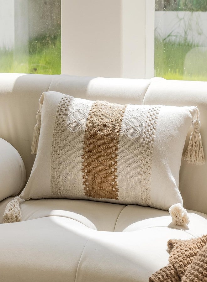 vctops Boho Cotton Linen Decorative Throw Pillow Covers with Tassels 16x24 Inch Soft Farmhouse Neutral Stripe Pillow Covers Accent Macrame Woven Tan Cushion Case for Couch Sofa Car (Type C,16"x24") - Image 1