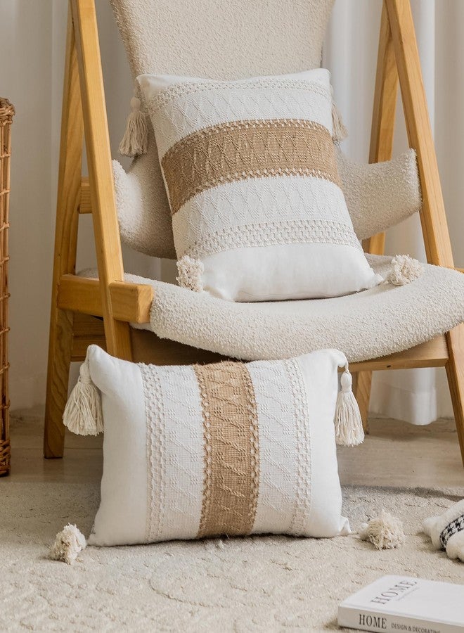 vctops Boho Cotton Linen Decorative Throw Pillow Covers with Tassels 16x24 Inch Soft Farmhouse Neutral Stripe Pillow Covers Accent Macrame Woven Tan Cushion Case for Couch Sofa Car (Type C,16"x24") - Image 2