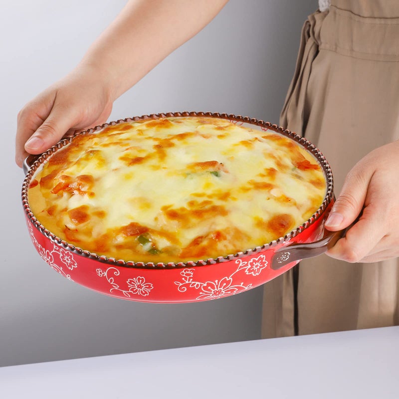 AVLA 2 Pack Ceramic Pie Pan, 9 Inch Round Baking Dish with Double Handle, 28 Ounce Deep Quiche Plate for Kitchen, Cooking, Roasting Lasagna (Sakura, Red) - Image 5