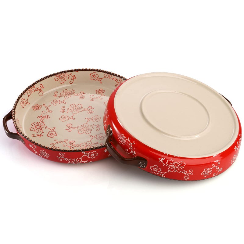 AVLA 2 Pack Ceramic Pie Pan, 9 Inch Round Baking Dish with Double Handle, 28 Ounce Deep Quiche Plate for Kitchen, Cooking, Roasting Lasagna (Sakura, Red) - Image 4