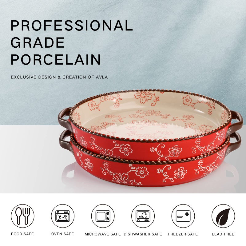 AVLA 2 Pack Ceramic Pie Pan, 9 Inch Round Baking Dish with Double Handle, 28 Ounce Deep Quiche Plate for Kitchen, Cooking, Roasting Lasagna (Sakura, Red) - Image 3