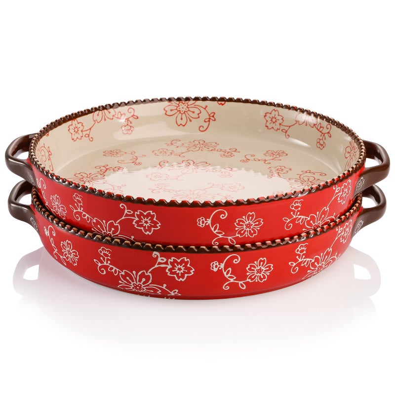 AVLA 2 Pack Ceramic Pie Pan, 9 Inch Round Baking Dish with Double Handle, 28 Ounce Deep Quiche Plate for Kitchen, Cooking, Roasting Lasagna (Sakura, Red) - Image 1