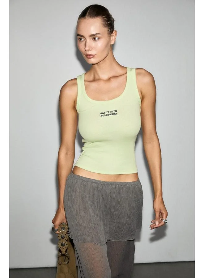 GRIMELANGE INTIZA Women's Soft and Stretch Fabric Organic Cotton Body-Fitting Embroidered Yellow Tank Top.