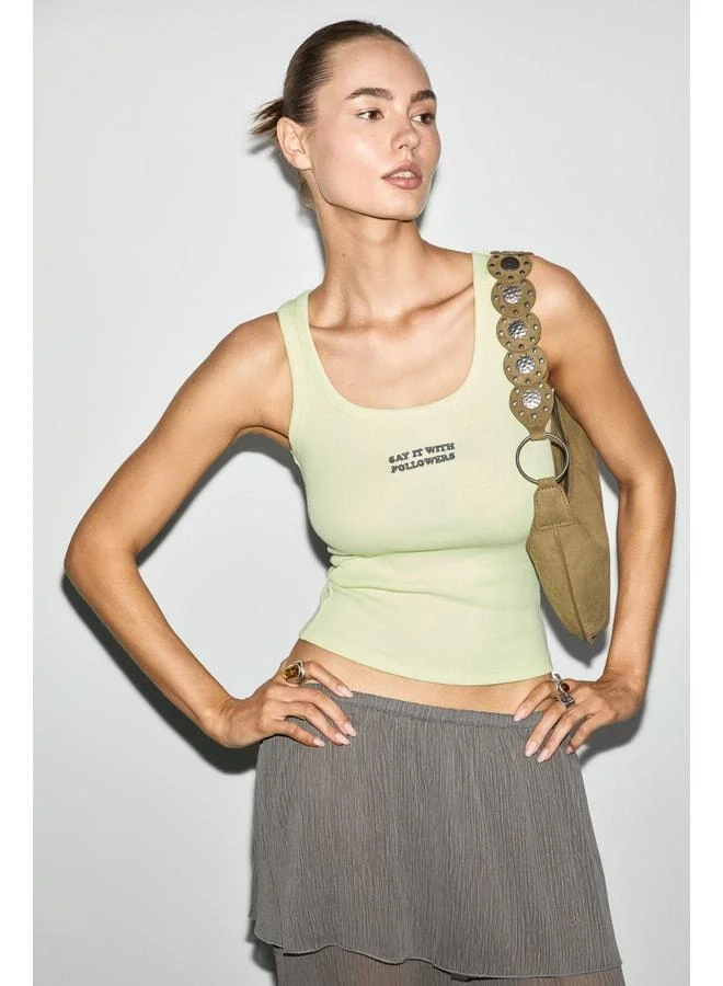 GRIMELANGE INTIZA Women's Soft and Stretch Fabric Organic Cotton Body-Fitting Embroidered Yellow Tank Top.