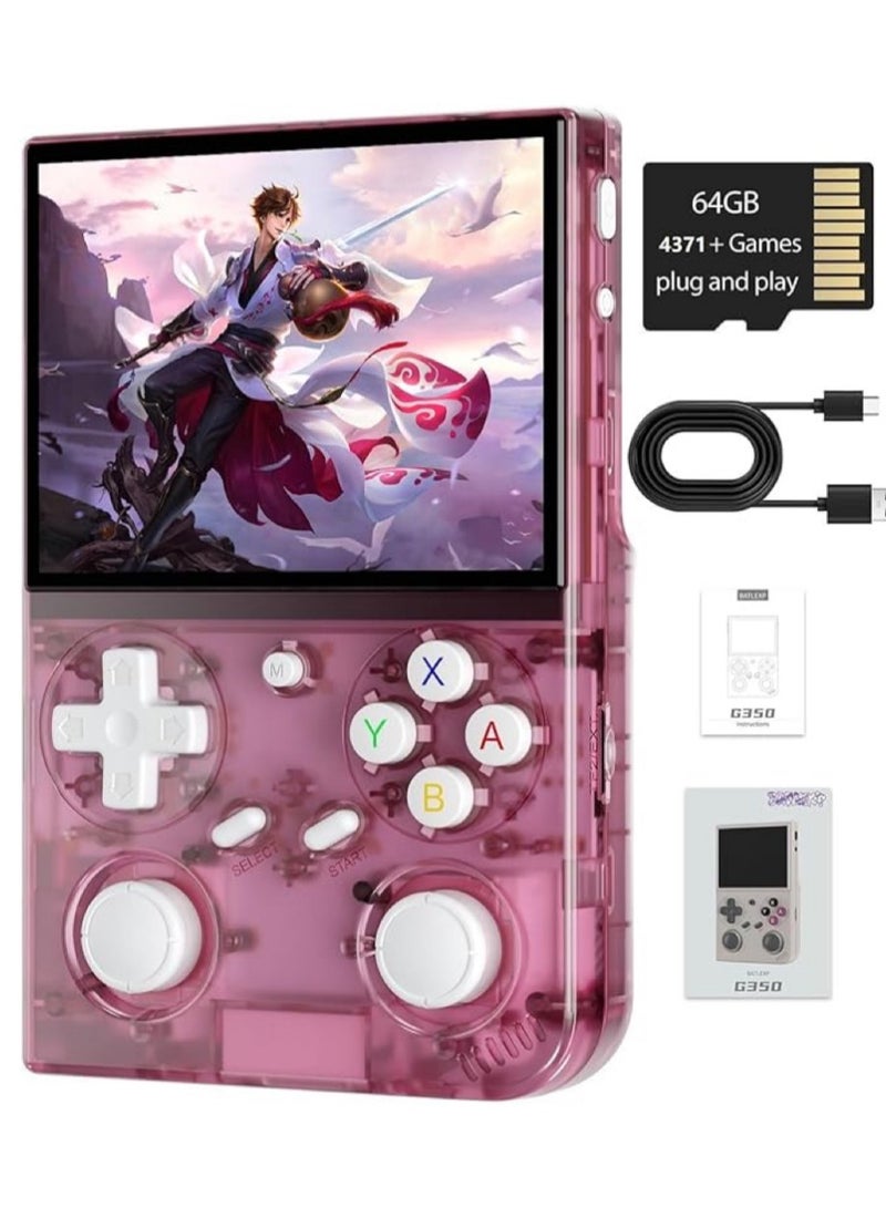 جهاز ألعاب محمول G350 بتصميم كلاسيكي، شاشة IPS مقاس 3.5 بوصة، نظام لينكس، مع بطاقة ذاكرة TF مدمجة سعة 64 جيجابايت، و4371 لعبة مُحمّلة مسبقًا، وبطارية 3200 مللي أمبير/ساعة (لون وردي شفاف) - Image 1