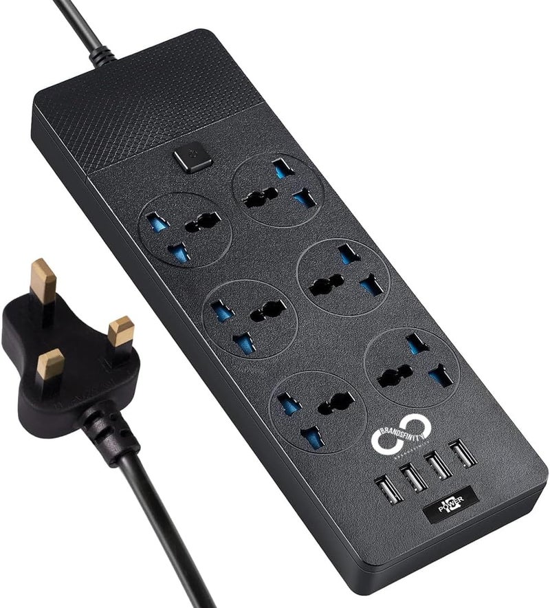 براندسفينتي سلك تمديد براندسفينيتي مع 6 منافذ و4 منافذ USB، شريط طاقة بطول 2 متر، كابل تمديد الطاقة، واقي من زيادة التيار، مقبس متعدد - Image 1