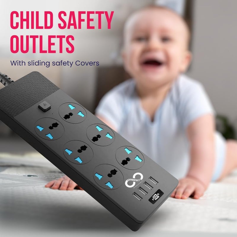 براندسفينتي سلك تمديد براندسفينيتي مع 6 منافذ و4 منافذ USB، شريط طاقة بطول 2 متر، كابل تمديد الطاقة، واقي من زيادة التيار، مقبس متعدد - Image 2