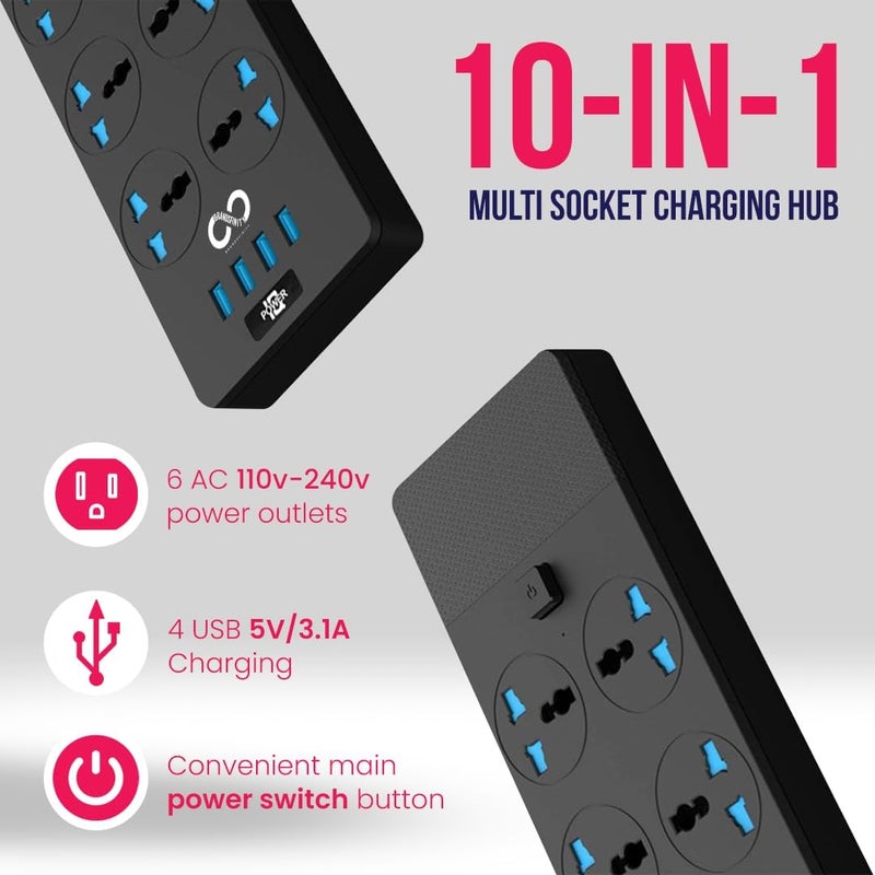 براندسفينتي سلك تمديد براندسفينيتي مع 6 منافذ و4 منافذ USB، شريط طاقة بطول 2 متر، كابل تمديد الطاقة، واقي من زيادة التيار، مقبس متعدد - Image 3