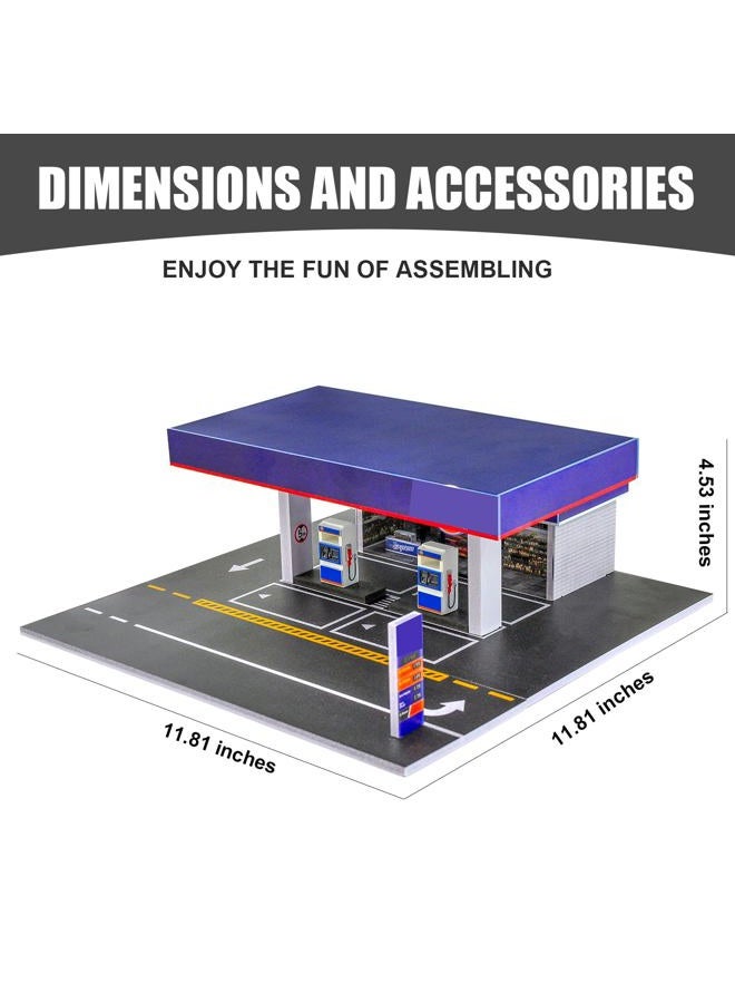 cxiiuui 1/64 Scale Display Case Gas Station Scene Car Garage Moldel with LED Light Diecast Car Show Case 6 Parking Spaces Blue - Image 2