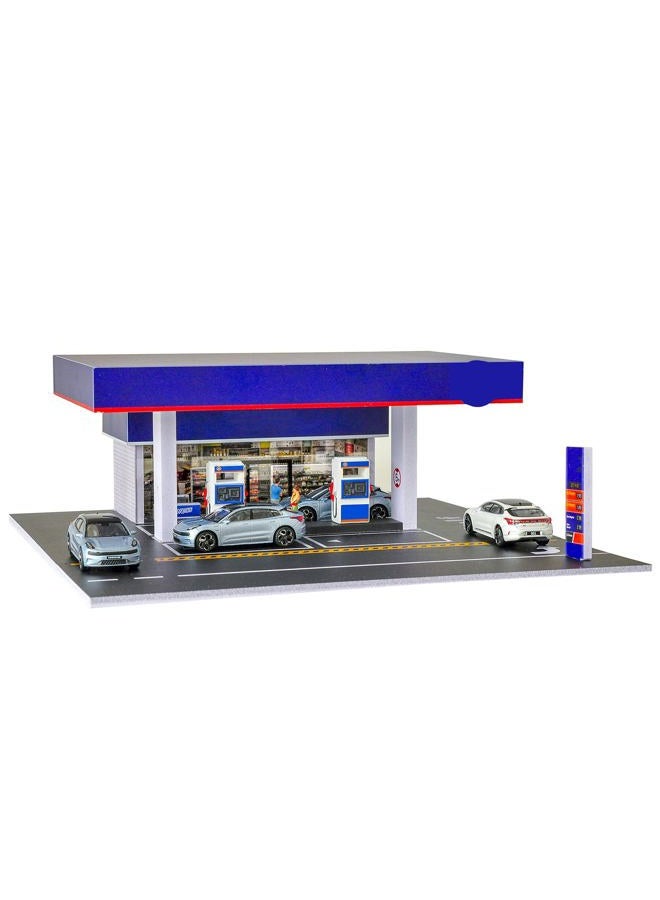cxiiuui 1/64 Scale Display Case Gas Station Scene Car Garage Moldel with LED Light Diecast Car Show Case 6 Parking Spaces Blue - Image 1