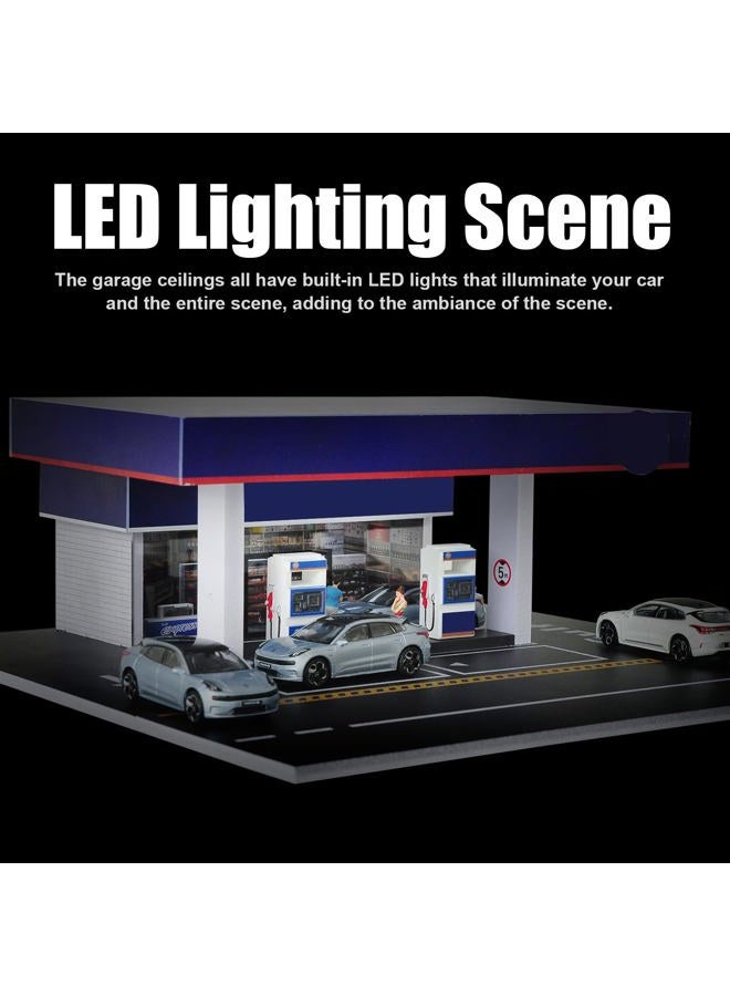 cxiiuui 1/64 Scale Display Case Gas Station Scene Car Garage Moldel with LED Light Diecast Car Show Case 6 Parking Spaces Blue - Image 4