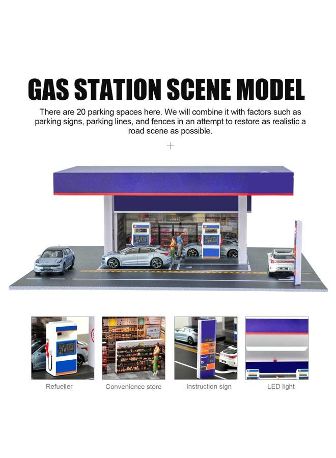 cxiiuui 1/64 Scale Display Case Gas Station Scene Car Garage Moldel with LED Light Diecast Car Show Case 6 Parking Spaces Blue - Image 3