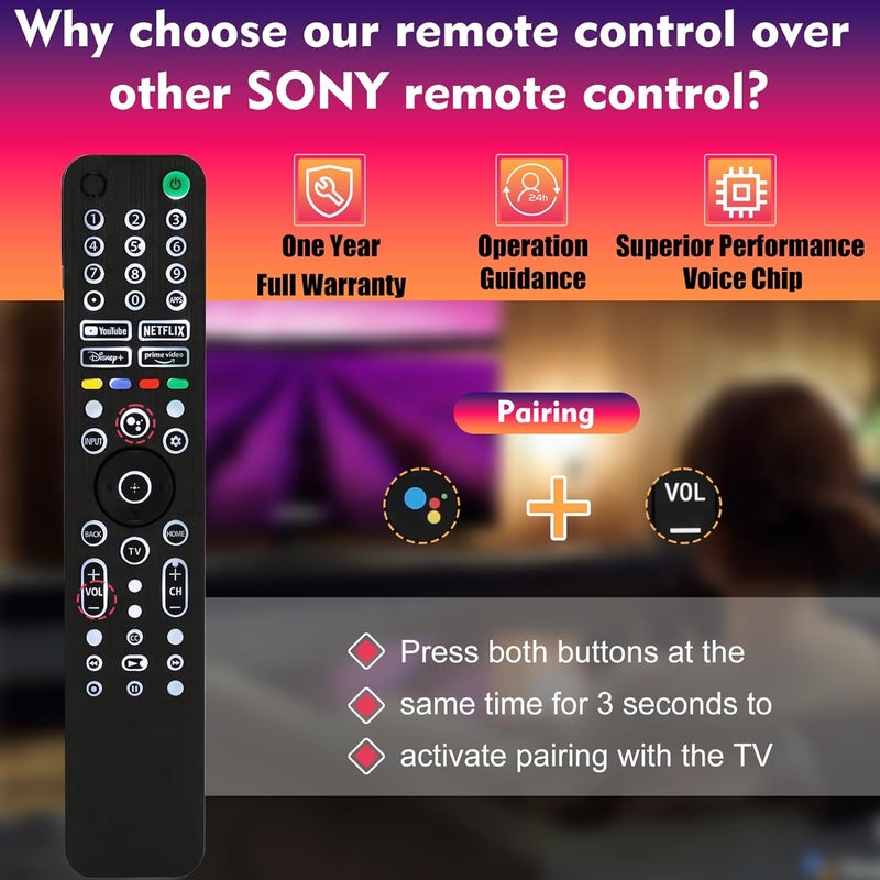 Feikeer Repalcement for Sony TV Remote, Backlit Voice Remote for All 2019-2025 Sony Remote for Bravia Smart TV, RMF-TX520U Remote Control for Smart TV XR/XBR/KD/K Series Google TVs, 1 Year Full Warranty - Image 4