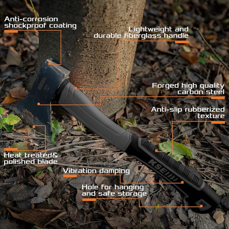 KSEIBI Wood Axe, 274151 Small Outdoor Camp Hatchet 14 Inch for Splitting and Kindling Wood, Forged Steel Blade with Anti-Slip and Shock Reduction Fiber Glasses Handle Great Throwing Axes and Hatchets - Image 3