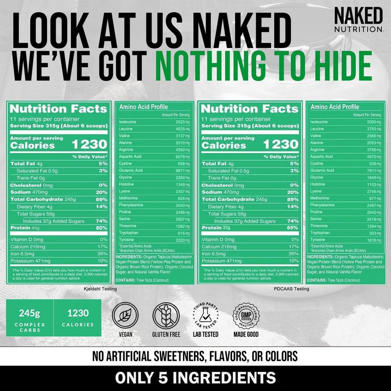 Nakd ناكد فيغان ماس فانيلا  مكسب الوزن النباتي 1230 سعرة حرارية غير معدلة وراثيًا خالي من الجلوتين بدون مكونات صناعية 8 رطل 11 حصة - Image 5