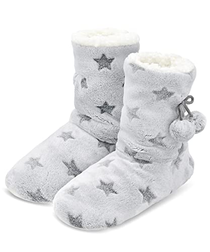 DICUIRD Slipper Socks for Women,Fuzzy House Indoor Boots Slippers with Soft Soles,Warm Cozy Fluffy Sherpa Lined Booties Socks,Womens Winter Christmas Gifts(Star Grey,Size8-10) - Image 1