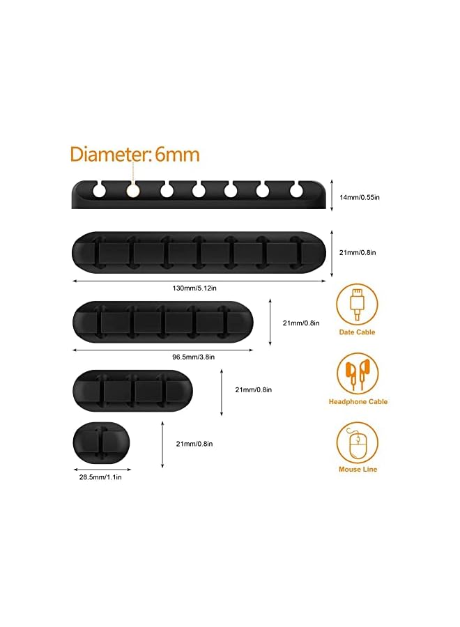 Green Tiger Cable Organizer Clips Cord Holder - 5 Packs Self Adhesive Cable Management for USB Cable/Power Cord/Wire, Car and Desk, Home and Office (7-5-3-1-1 Slots) Black Cable Holder - Image 3