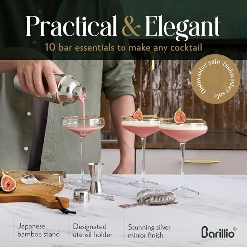Barillio Bartender Kit - Stainless-Steel Cocktail Shaker Set with Bamboo Stand - Mixology Bar Tools w/Shaker, Drink Mixer Spoon & Muddler for Cocktails - Home Bar Accessories - 10-Pc Bar Set - Silver - Image 4