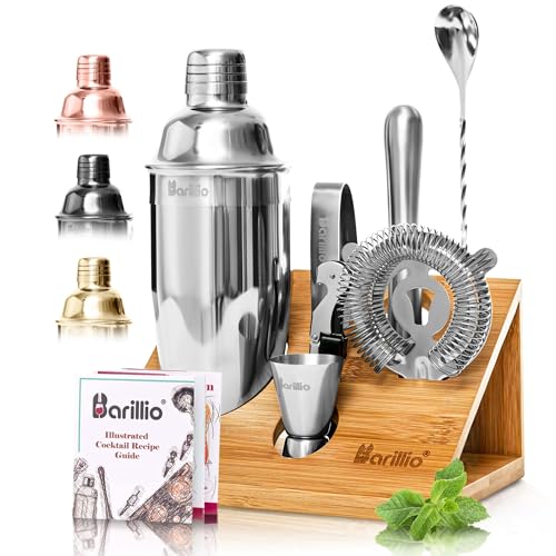 Barillio Bartender Kit - Stainless-Steel Cocktail Shaker Set with Bamboo Stand - Mixology Bar Tools w/Shaker, Drink Mixer Spoon & Muddler for Cocktails - Home Bar Accessories - 10-Pc Bar Set - Silver - Image 1