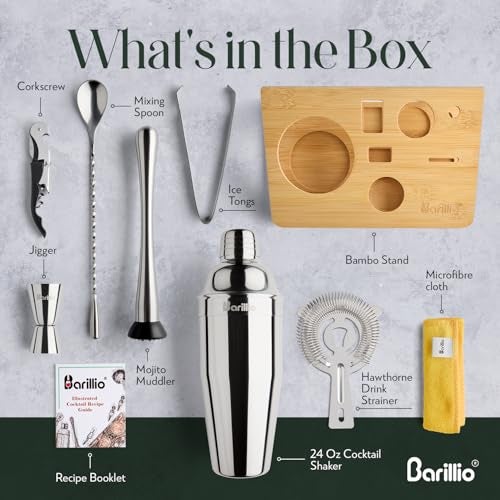 Barillio Bartender Kit - Stainless-Steel Cocktail Shaker Set with Bamboo Stand - Mixology Bar Tools w/Shaker, Drink Mixer Spoon & Muddler for Cocktails - Home Bar Accessories - 10-Pc Bar Set - Silver - Image 5