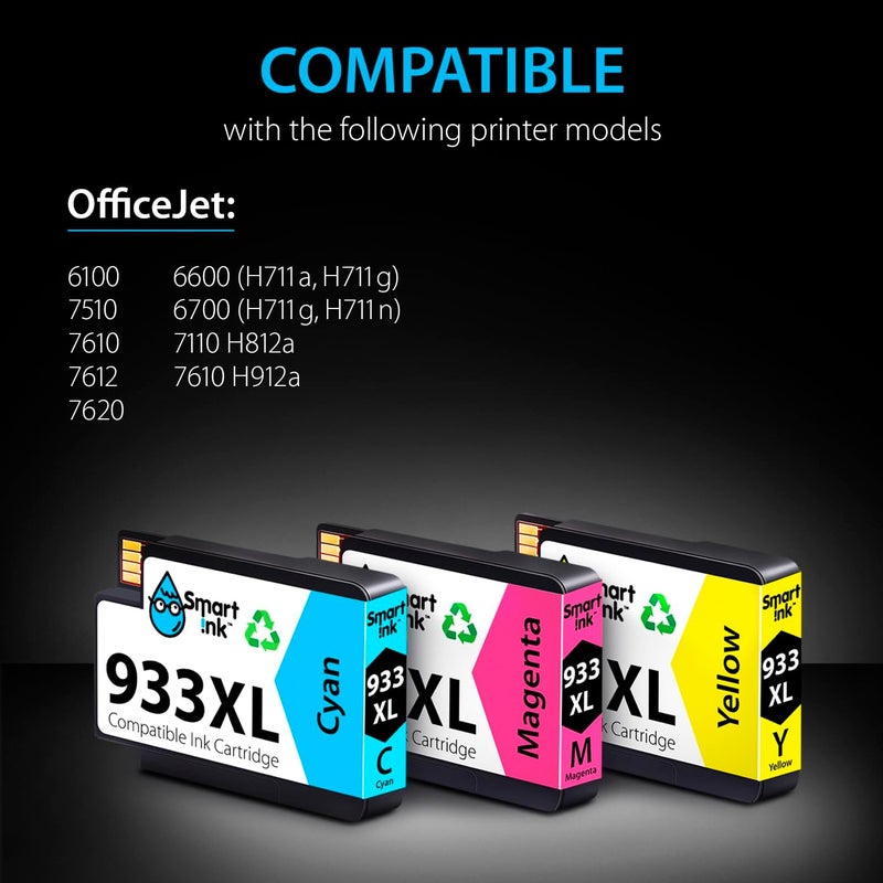 Smart Ink Compatible Ink Cartridge Replacement for HP 932XL 933XL 932 XL 933 (3 Combo Pack) to use with HP Officejet 6600 6100 6700 7110 7510 7610 7612 7510 Printers (Cyan, Magenta, Yellow) - Image 2