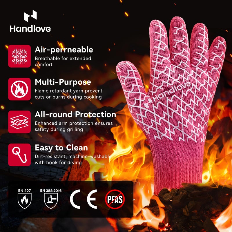 HandLove Aramid Heat Resistant BBQ Gloves â€“ Grilling & Oven Gloves with Fingers, Silicone Grip & Long Cuffs for Cooking, Baking, and Outdoor Barbecue â€“ Pink, Small - Image 1