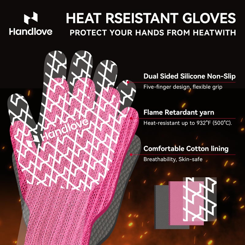 HandLove Aramid Heat Resistant BBQ Gloves â€“ Grilling & Oven Gloves with Fingers, Silicone Grip & Long Cuffs for Cooking, Baking, and Outdoor Barbecue â€“ Pink, Small - Image 2