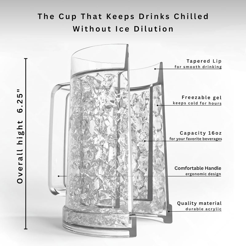 luxail Freezer Beer Mugs, Double Wall, Insulated Gel Plastic Pint Freezable Glasses, 16 oz, Clear 2 pack, Chiller Frosty Cup, Frozen Ice Freezer Mug, Freezer Cups. - Image 2
