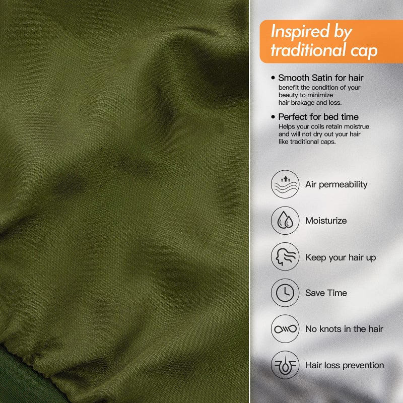 GB Selected Silk Satin Lined Bonnet Sleep Cap - Adjustable Stay on All Night Hair Wrap Cover Slouchy Beanie for Curly Hair Protection for Women and Men - Solid Olive Green - Image 3