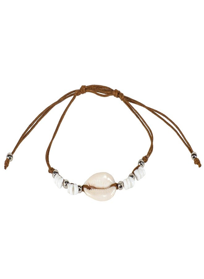 BlueRica Adjustable Cord Anklet Bracelet with Colored Beads & Cowrie Shell Pendant (Brown) - Image 1