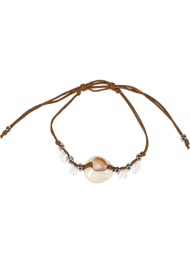 BlueRica Adjustable Cord Anklet Bracelet with Colored Beads & Cowrie Shell Pendant (Brown) - Image 2