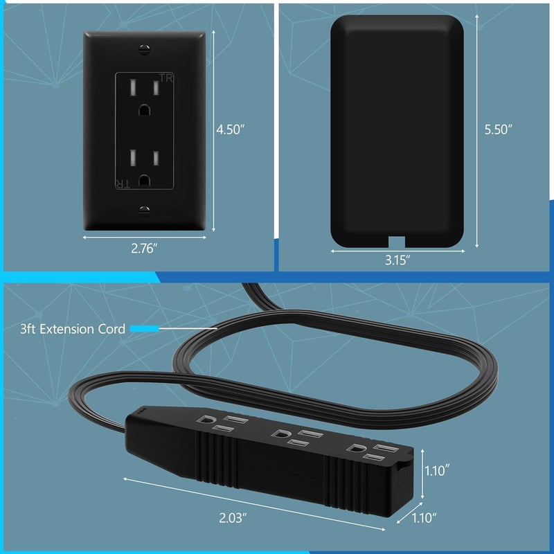 Lider Flat-Face Outlet Extender with 3 Receptacles, Ultra-Thin Wall Plate Plug with Cord Extender and 3-Outlet Power Strip, 3ft Cord, LWE3-315-BK, Black - Image 2