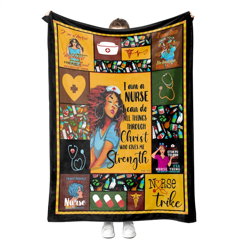 Black Nurse Gifts for Women Soft Fleece Throw Blanket for Black Nurses Graduation Gift Retirement Gifts for African Nurses Women Warm Present for Black Nurse 60x80 Black