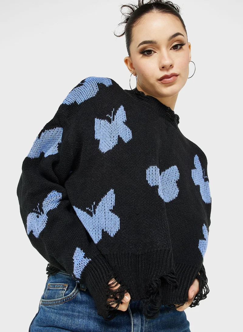 Ginger Butterfly Intarsia Cropped Sweater