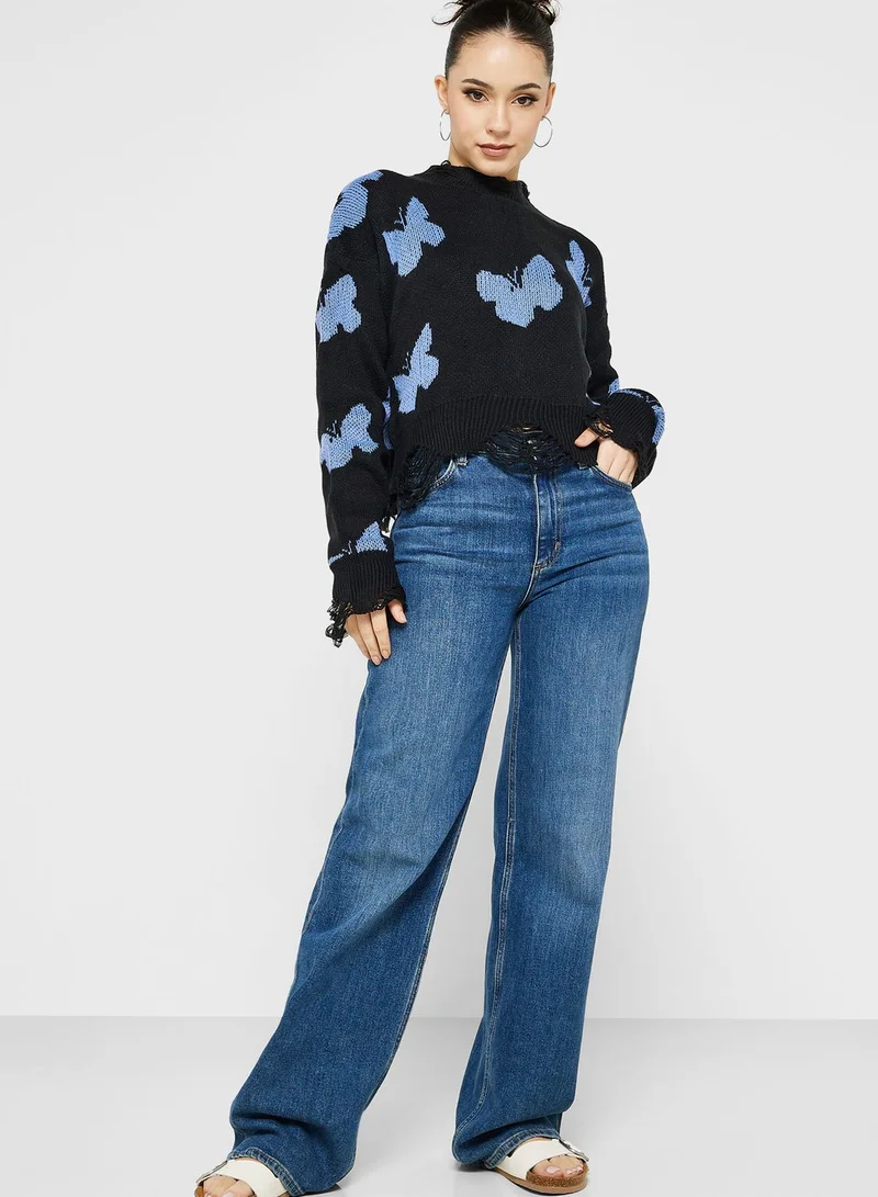Ginger Butterfly Intarsia Cropped Sweater