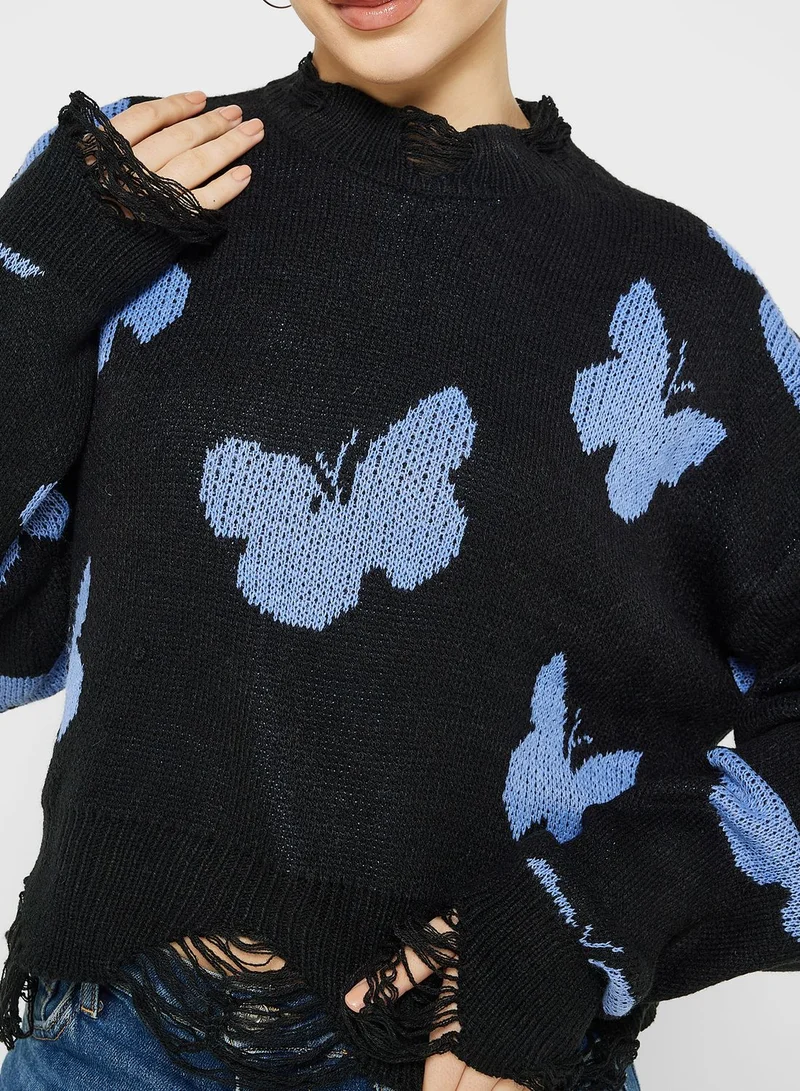 Ginger Butterfly Intarsia Cropped Sweater