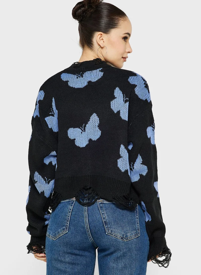 Ginger Butterfly Intarsia Cropped Sweater