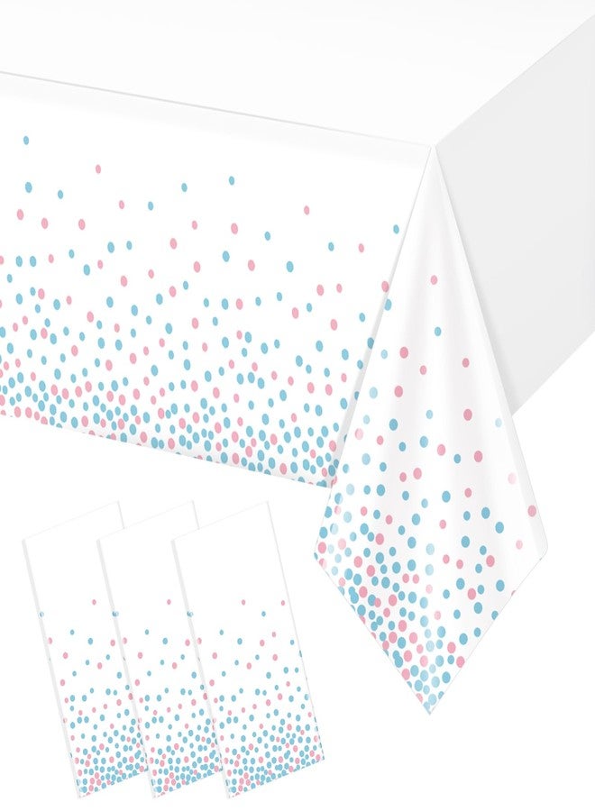 FunnyPars 3Pack White and Pink Blue Plastic Tablecloth, White Disposable Table Cloth for Rectangle Tables, Pink Blue Stamping Dot White Tablecloth for Gender Reveal Baby Shower Birthday Party Supplies, 54"x108" - Image 1