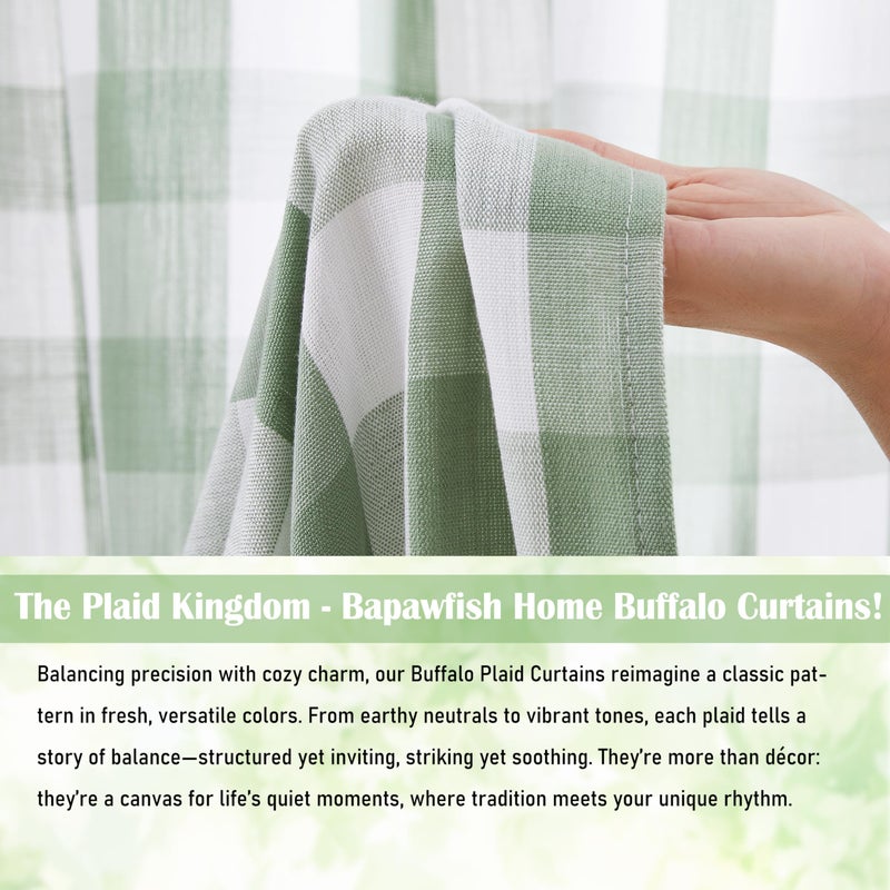 Bapawfish Sage Green Buffalo Plaid Semi Sheer Curtains 84 Inches Long,Buffalo Check Cottage Drapes for Bedroom Living Room Nursery,Farmhouse Checkered Window Treatment,Rod Pocket,40"Wx84"L(Pack of 2) - Image 3