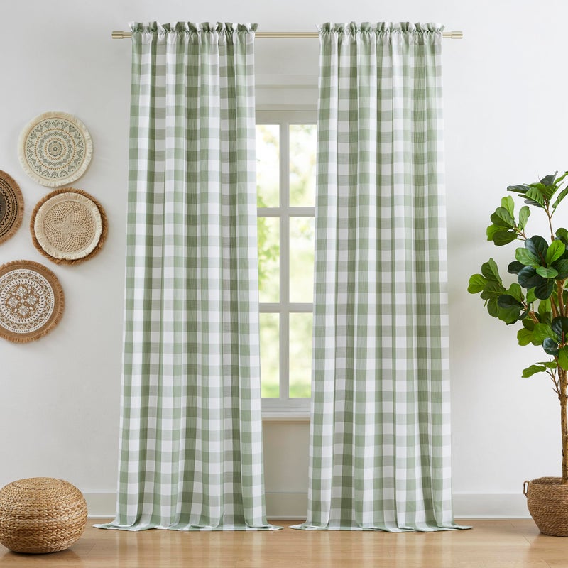Bapawfish Sage Green Buffalo Plaid Semi Sheer Curtains 84 Inches Long,Buffalo Check Cottage Drapes for Bedroom Living Room Nursery,Farmhouse Checkered Window Treatment,Rod Pocket,40"Wx84"L(Pack of 2) - Image 1