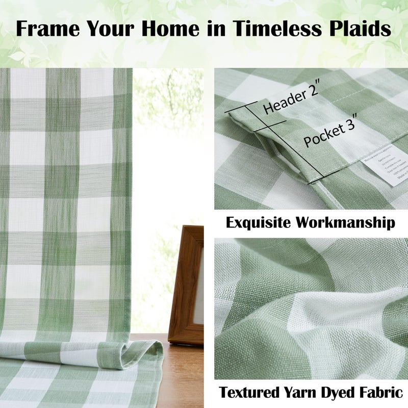 Bapawfish Sage Green Buffalo Plaid Semi Sheer Curtains 84 Inches Long,Buffalo Check Cottage Drapes for Bedroom Living Room Nursery,Farmhouse Checkered Window Treatment,Rod Pocket,40"Wx84"L(Pack of 2) - Image 2