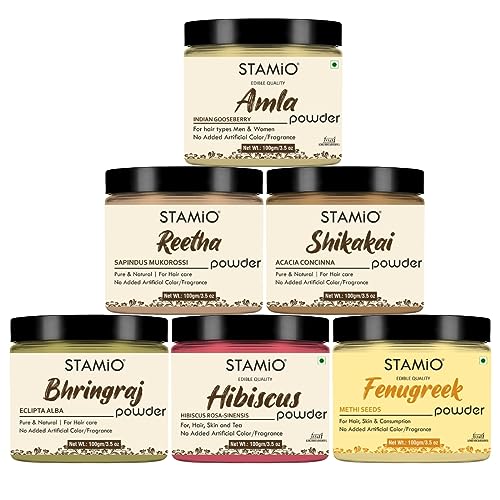 STAMIO Hair Care 6 Products Combo 600 gm - Amla Reetha Shikakai Hibiscus Bhringraj Fenugreek (Methi Dana) Powder for Mask, Pack, Anti-Dandruff, Shine | Natural Powders Kit | In Jar (100gm X 6) - Image 1