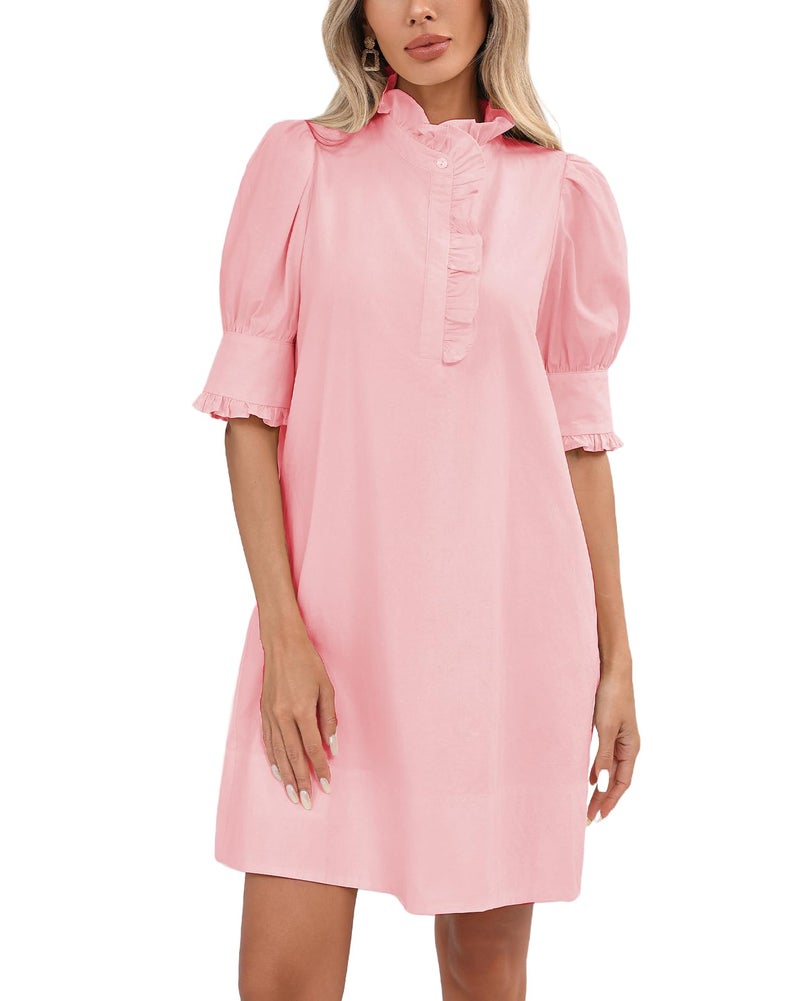 YEXPINE Women's Puff Short Sleeve Stand Ruffle Collar Summer Dress Casual A Line Shift Mini Dress with Pockets Light Pink - Image 1