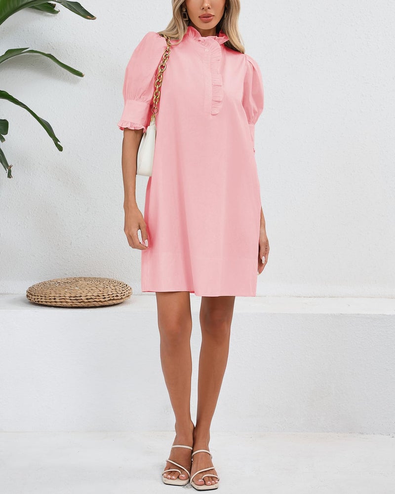 YEXPINE Women's Puff Short Sleeve Stand Ruffle Collar Summer Dress Casual A Line Shift Mini Dress with Pockets Light Pink - Image 2