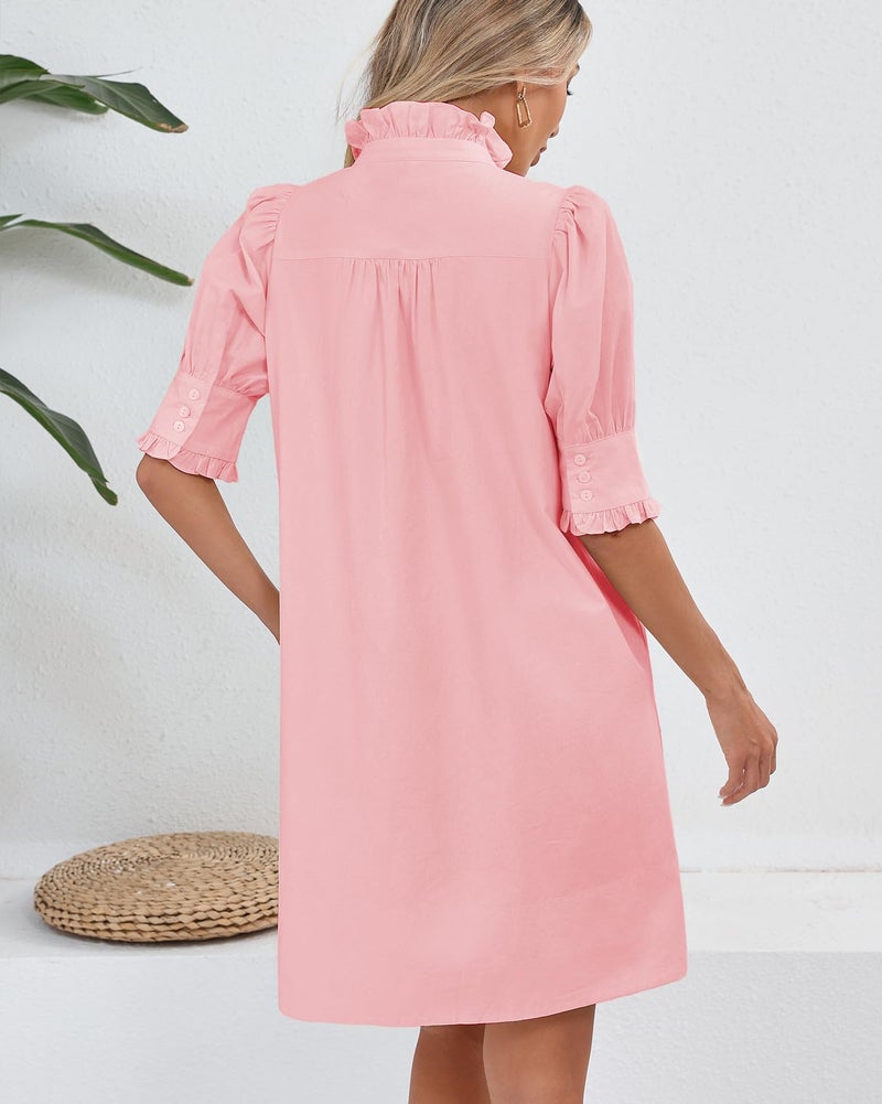 YEXPINE Women's Puff Short Sleeve Stand Ruffle Collar Summer Dress Casual A Line Shift Mini Dress with Pockets Light Pink - Image 4