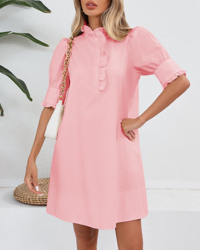 YEXPINE Women's Puff Short Sleeve Stand Ruffle Collar Summer Dress Casual A Line Shift Mini Dress with Pockets Light Pink - Image 3