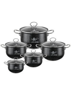 Life Smile 10-Pcs Marble Pattern Enameled Cookware Set - Pots Kitchen Cooking Set with Glas Lids, 100% PFOA Free and Safe Multi-Functional Soup Pot for Induction and Gas Stove  - Image 1
